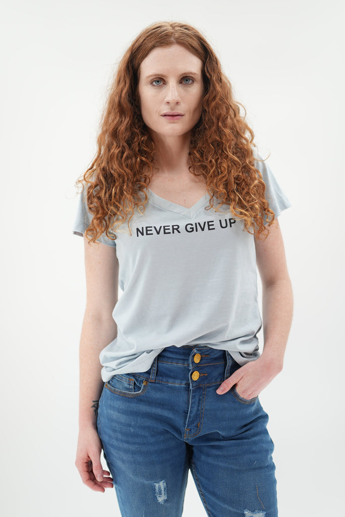 Never Give Up Tee Short Sleeves - V Neck Pleated T-Shirts variable Ben Din Clothing 